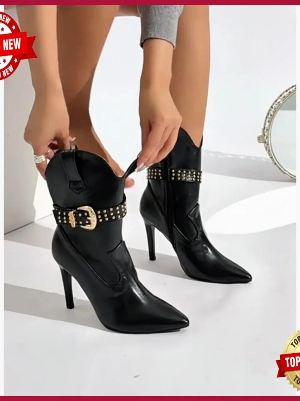 Denim Stiletto Ankle Boots Studded Buckle Pointed Toe Side Zipper Mid-Calf